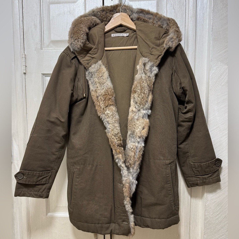 Kookai Women 38 US 8 Khaki Cotton Trimming Rabbit Fur Hooded Parka Jacket
